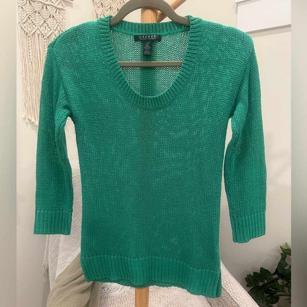 Lauren Ralph Lauren Green Open Knit Sweater XS Lightweight 3/4 Sleeve